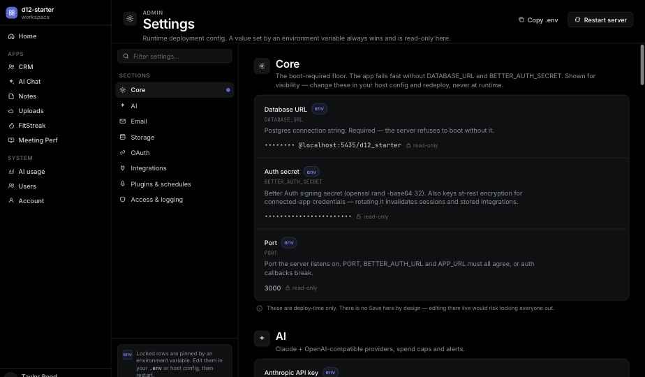 Admin settings page with a section navigation rail and per-setting help text